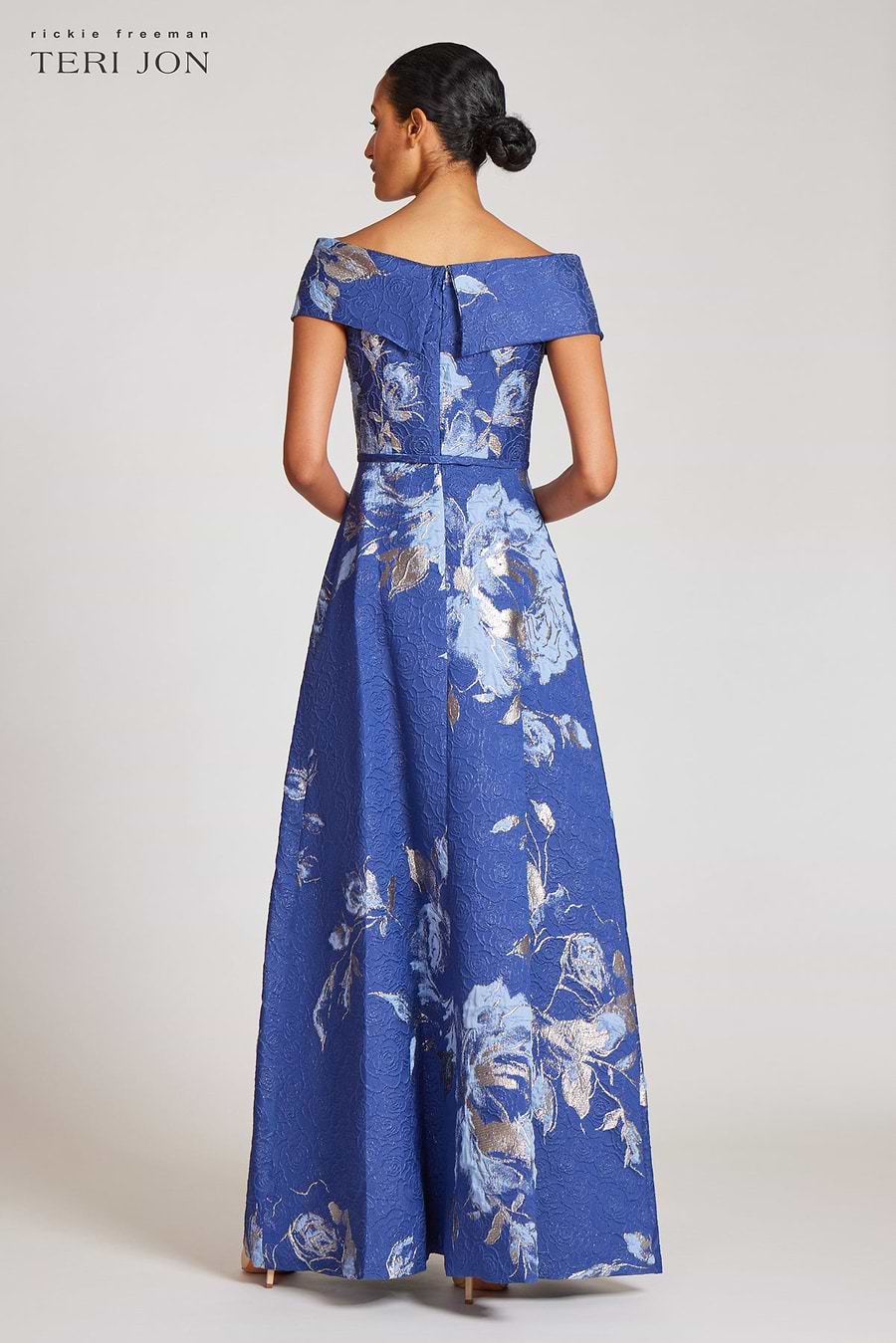Teri Jon By Rickie Freeman Women's Off-the-Shoulder Metallic Floral Jacquard Gown - Blue - Size 6