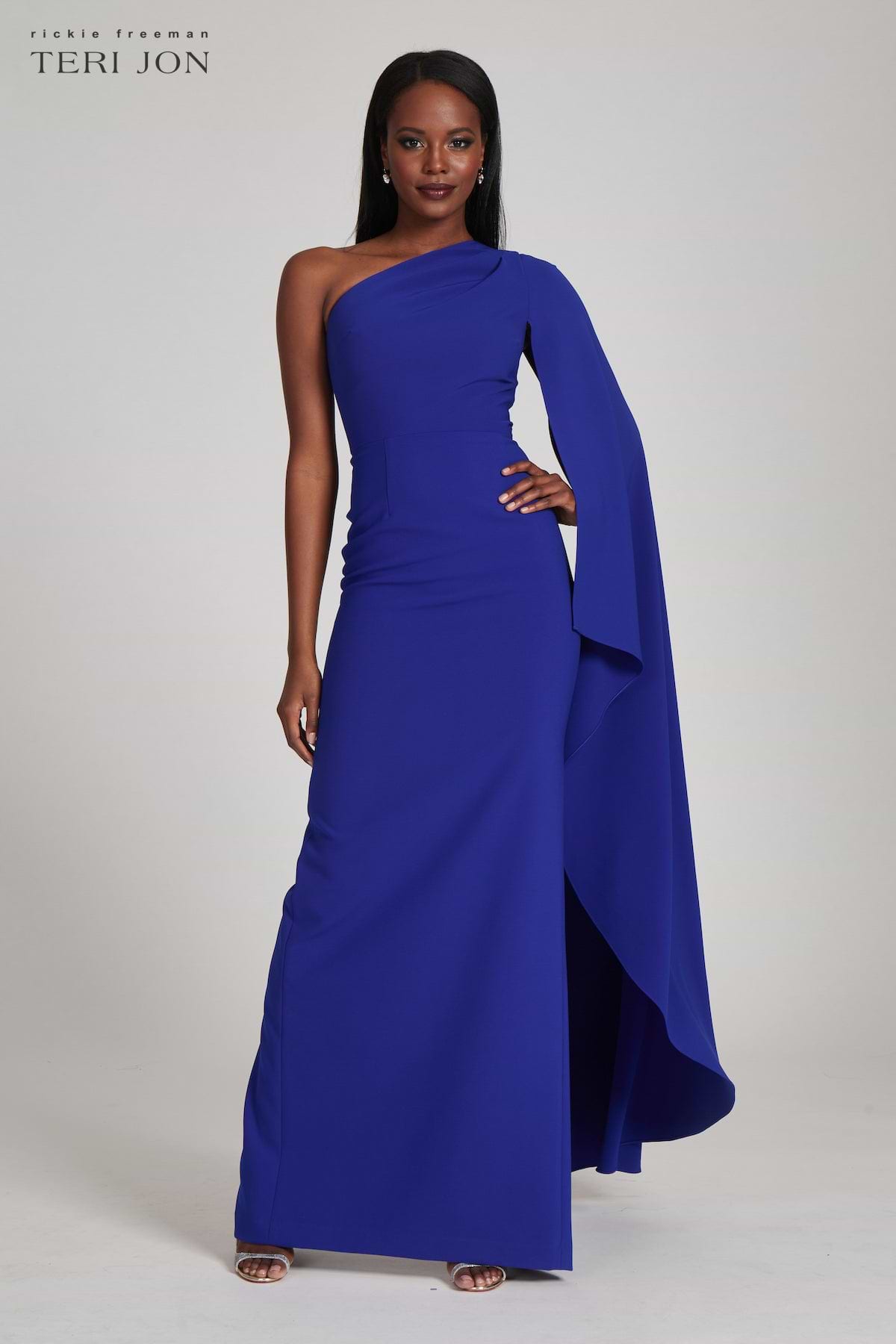 ruched one-shoulder stretch crepe dress Cape One Shoulder Sleeve Gown Models are wearing Charcoal RDSSArchive24 Color:Brushed Natural You remember Gaga's Meat