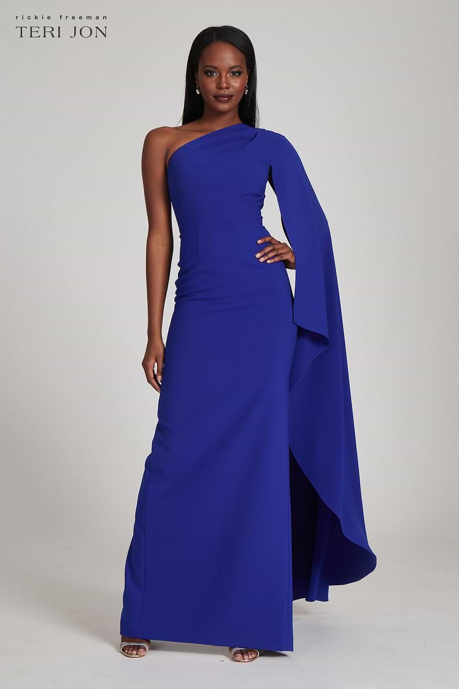 Stretch Crepe Cape One Shoulder Sleeve Gown