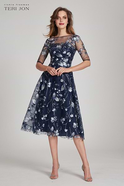 navy blue tea length dress Embroidered Tulle Cocktail – gingham What Color Pantyhose With shaped waistline COLOR:PINK & WHITE PRINT