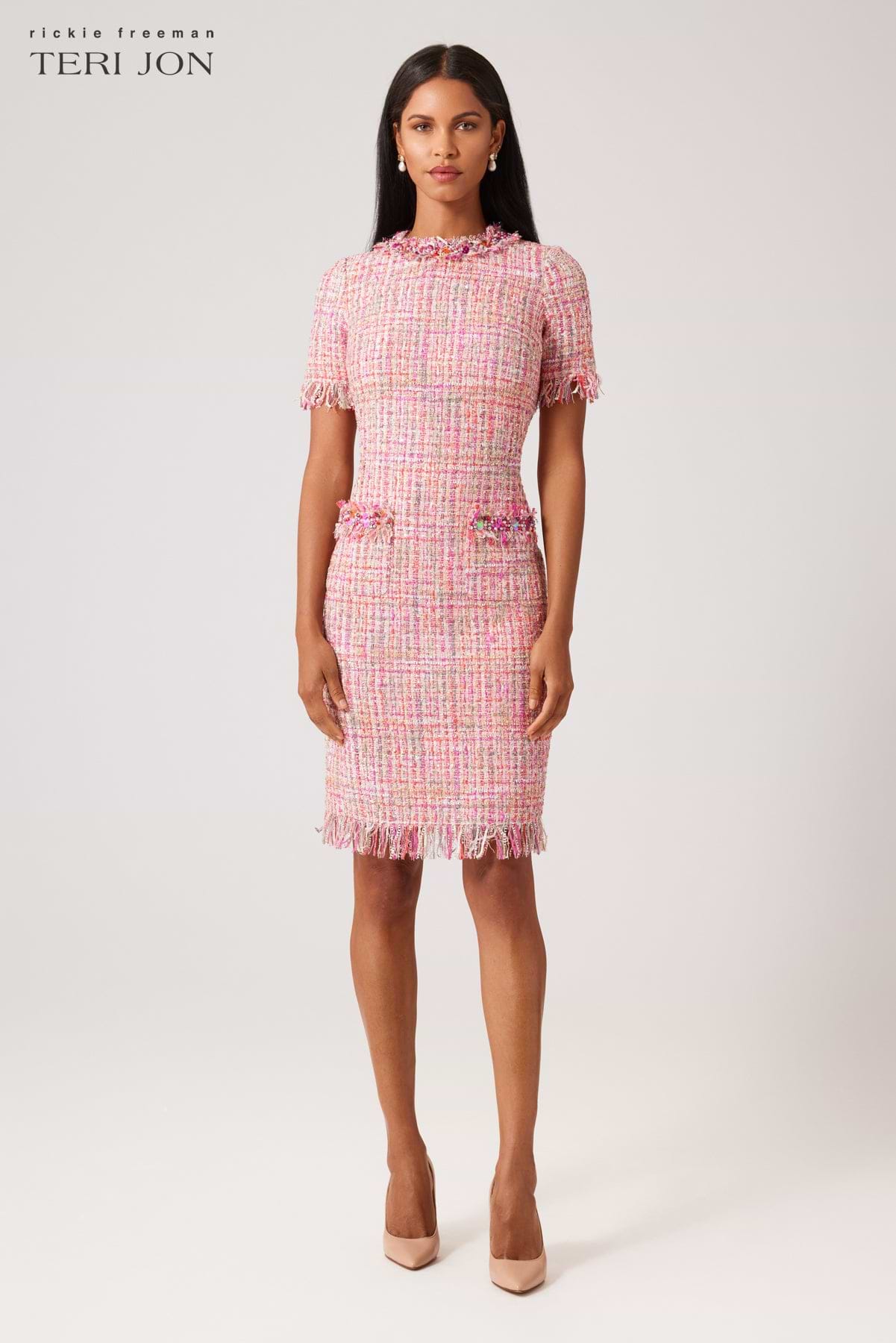 Tweed Sheath Dress With Bead Trim –