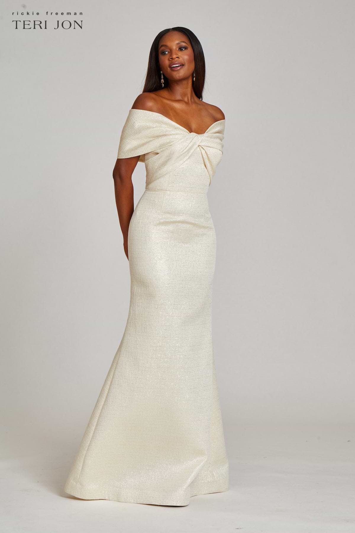 Metallic Jacquard Twist Bodice Off The Shoulder Gown –