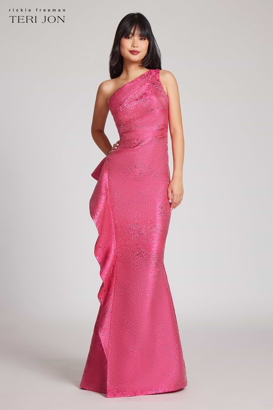 Jacquard Side Ruffle One Shoulder Gown