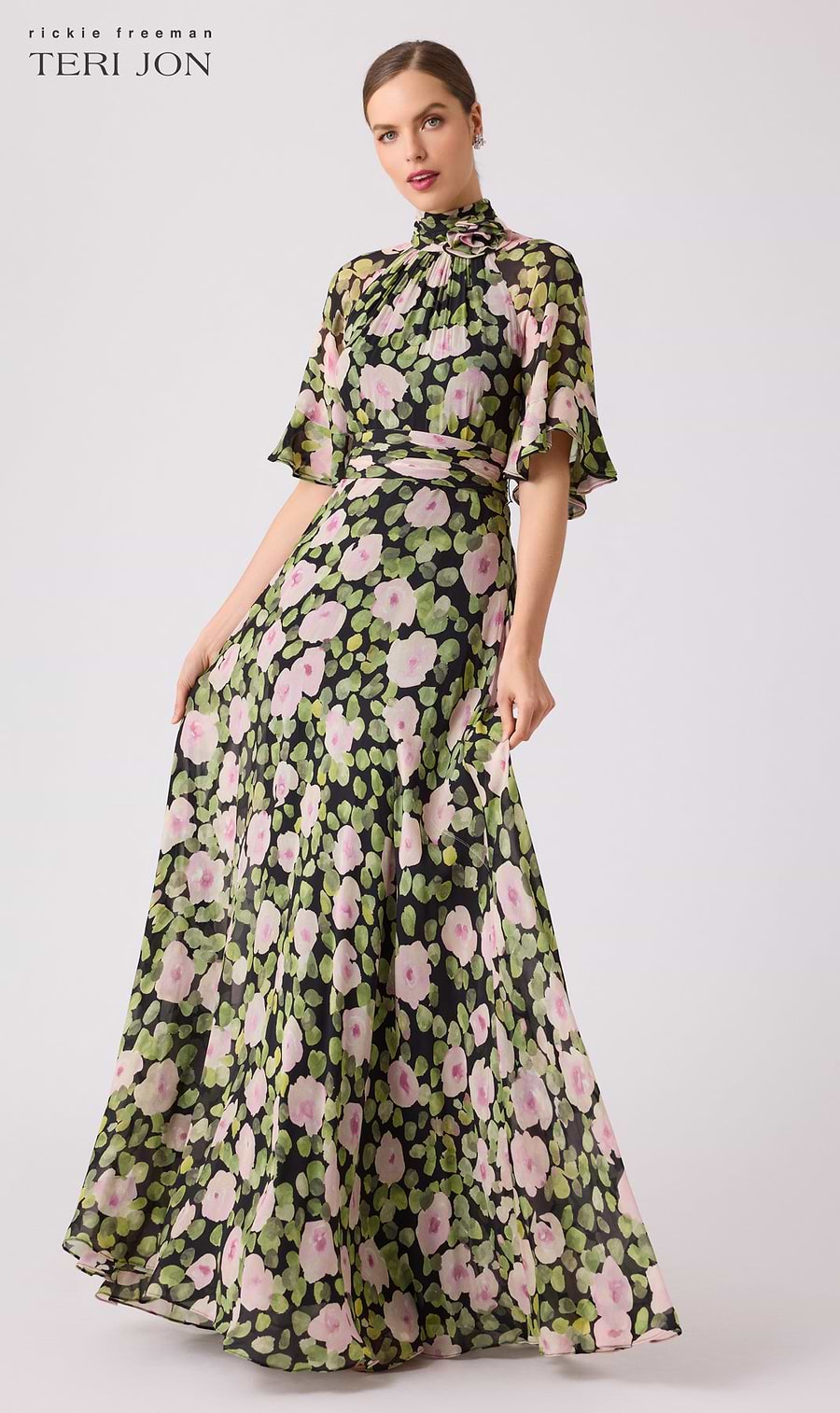 Chiffon Floral Flutter Sleeve Mock Neck Maxi Dress