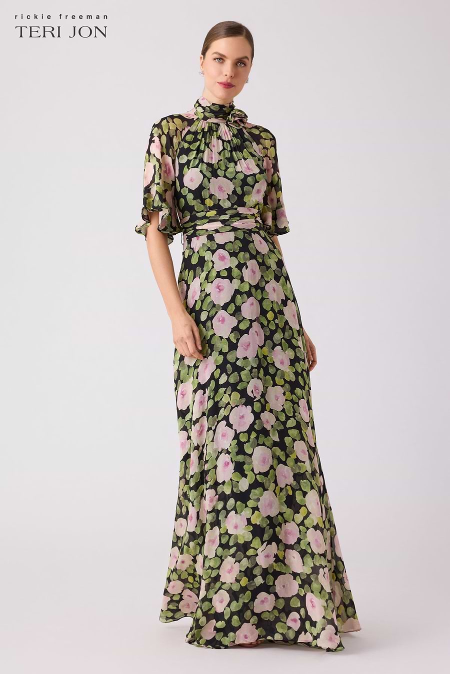 Chiffon Floral Flutter Sleeve Mock Neck Maxi Dress