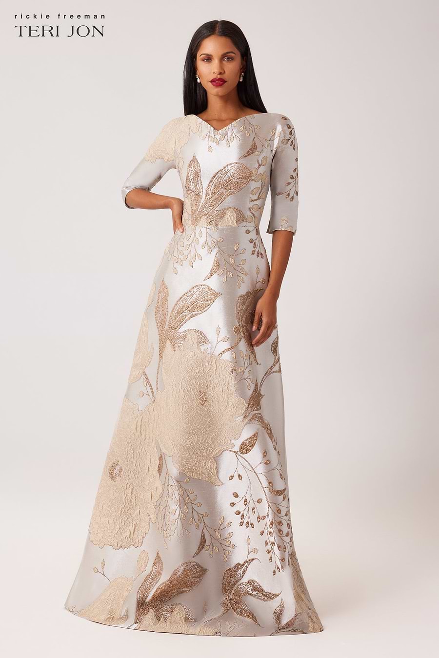 Metallic Jacquard A-Line Evening Gown –