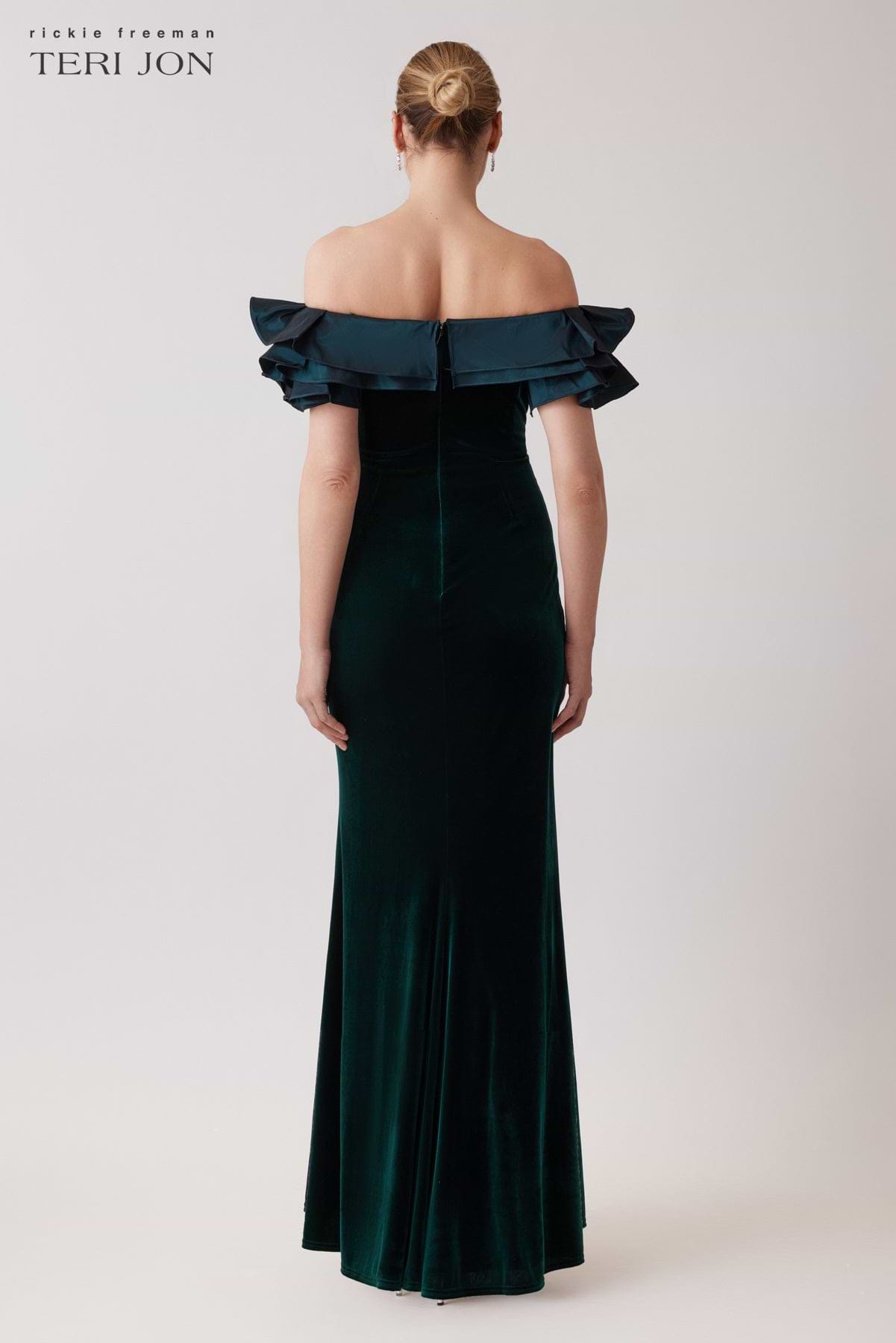Stretch Velvet Taffeta Off The Shoulder Gown