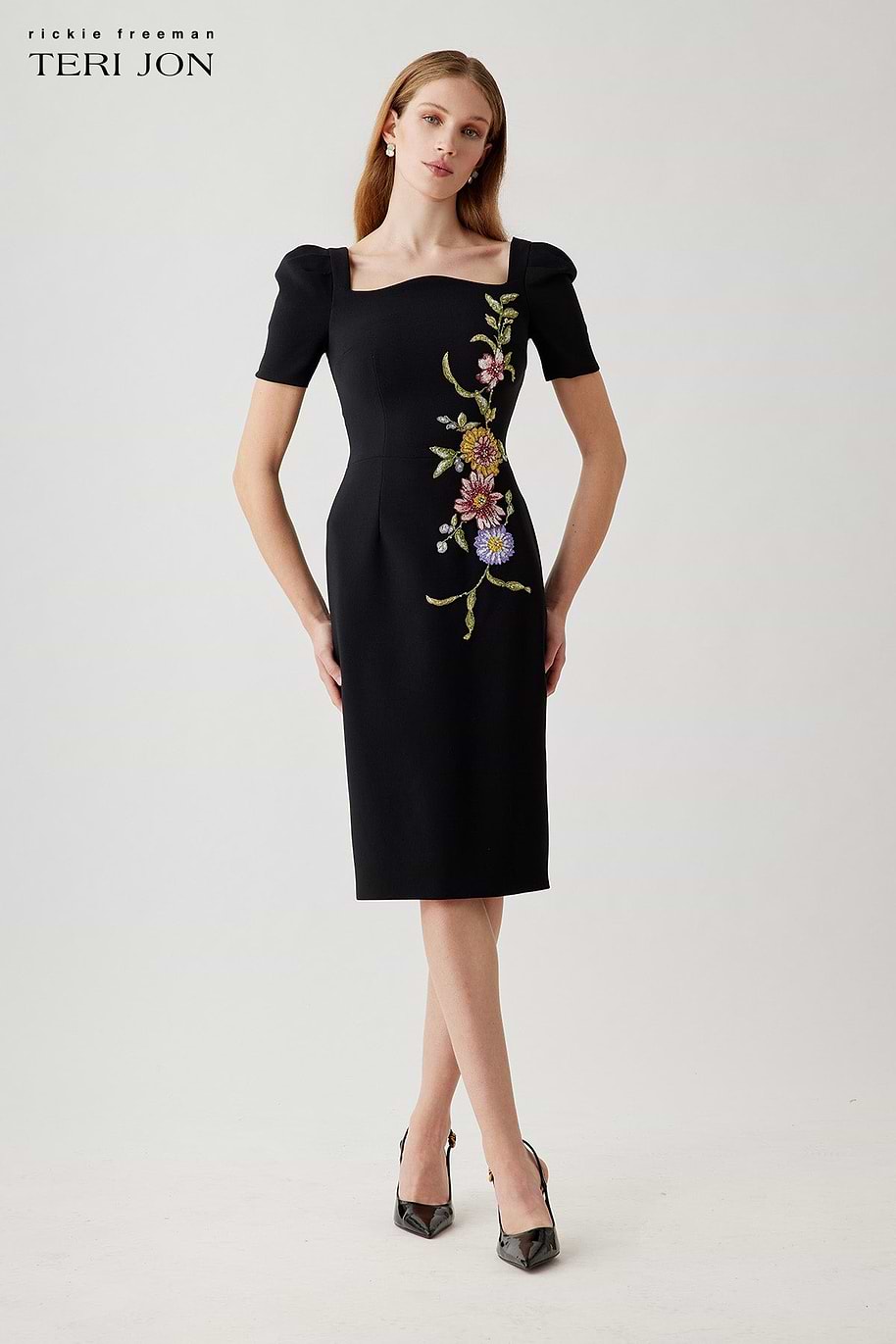Stretch Crepe Short Puff Sleeve Scalloped Dress