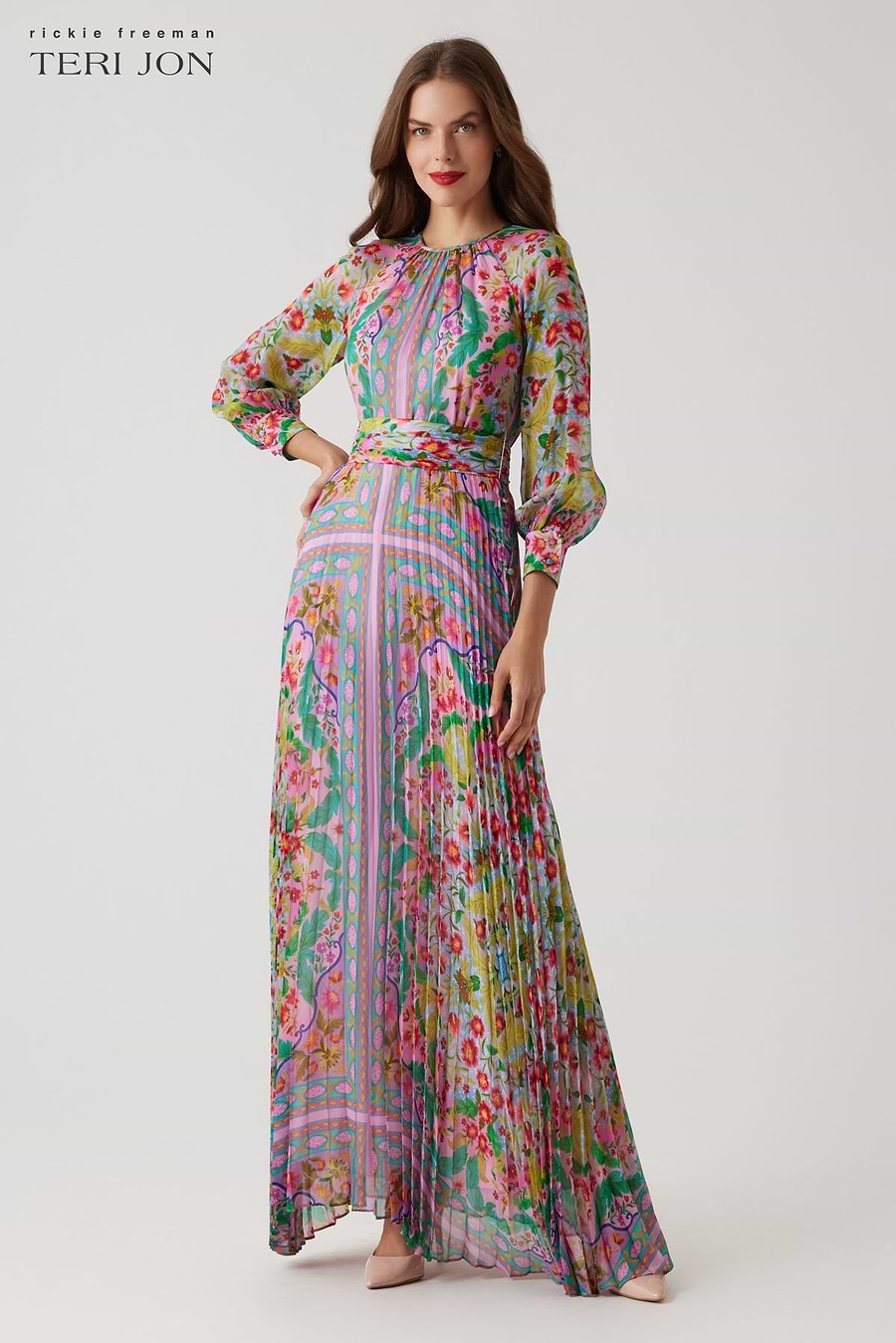 Patchwork Printed Chiffon Pleated Gown –