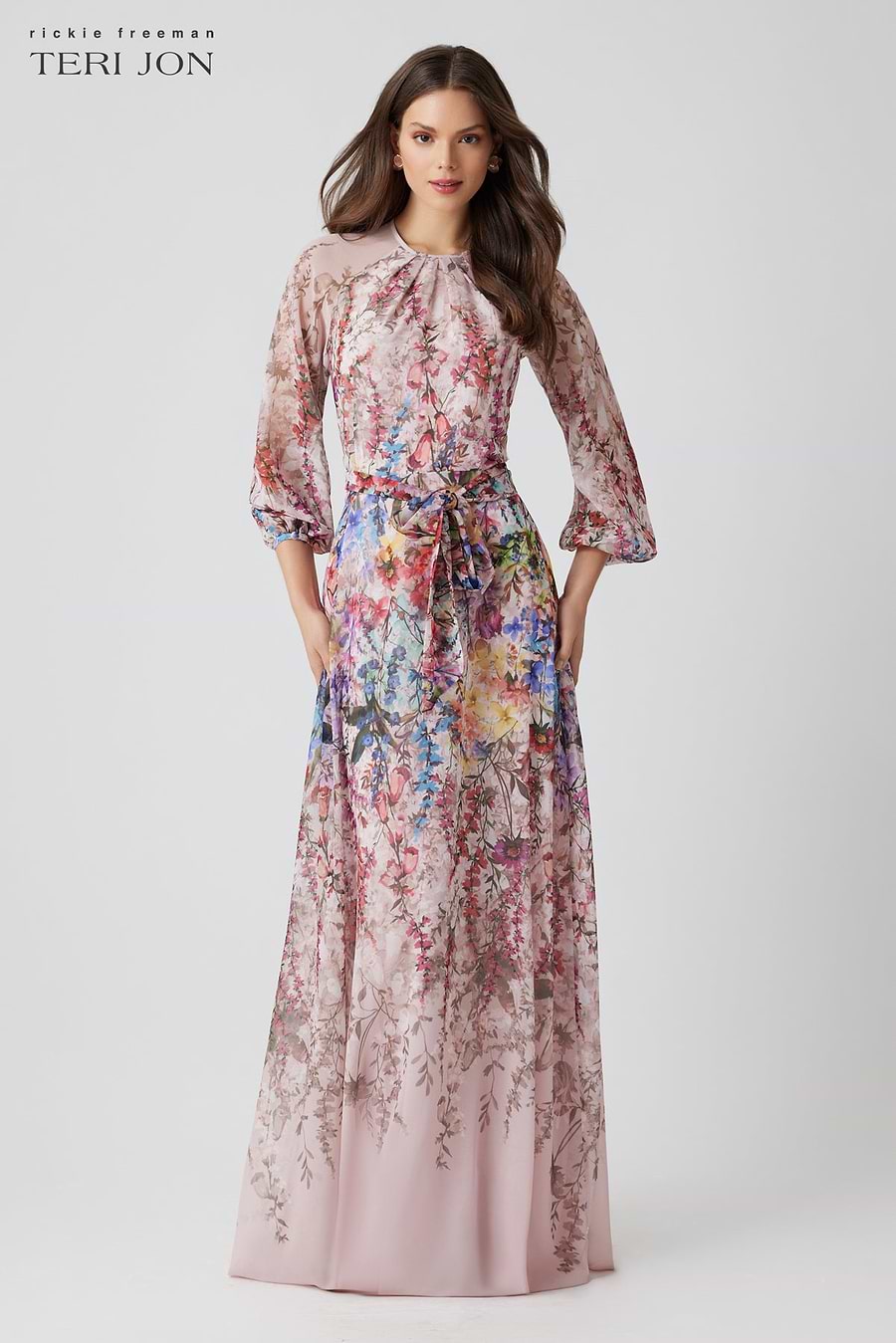 Chiffon Floral Print A Line Gown –