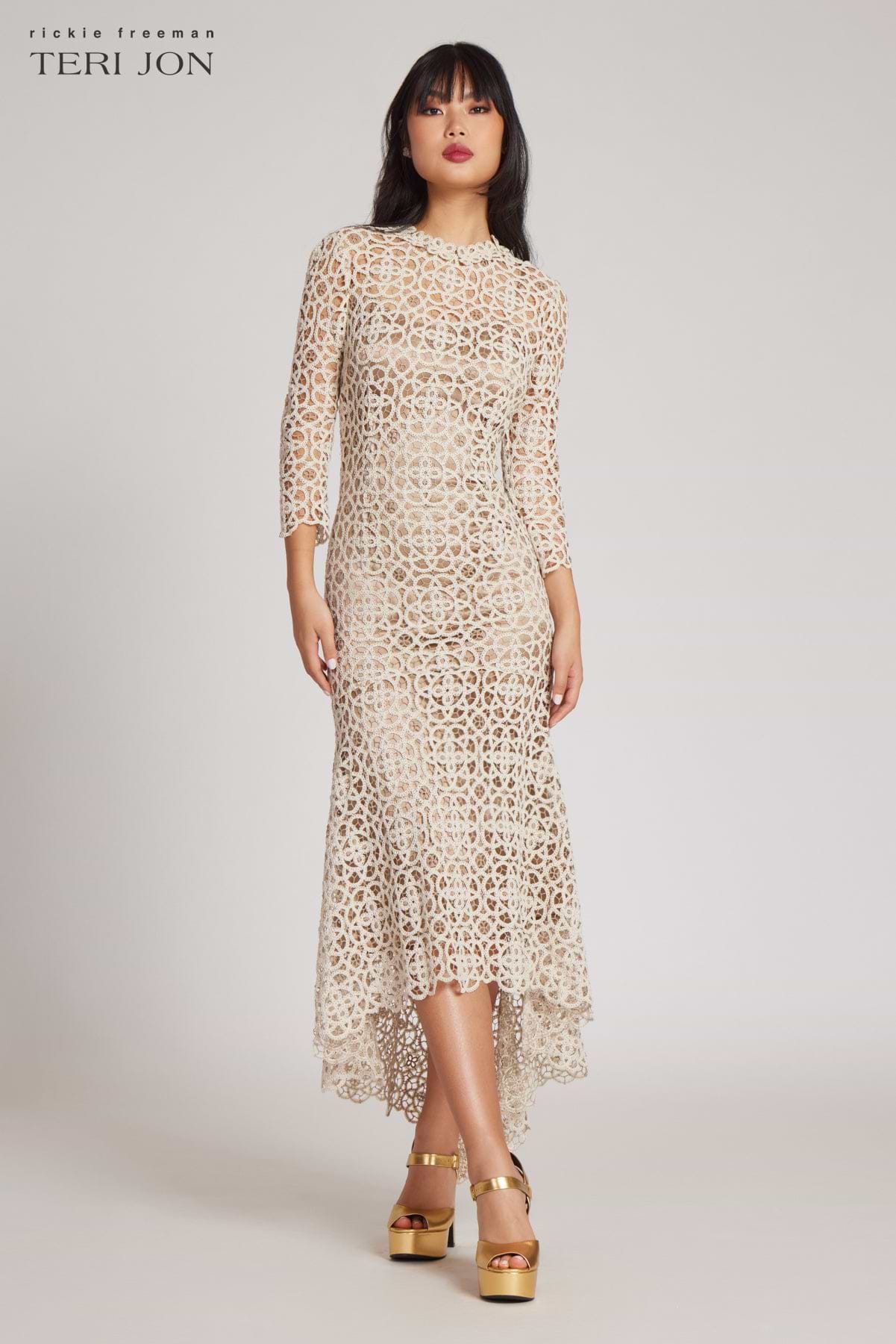 Stretch Crochet 3/4 Sleeve High Low Dress