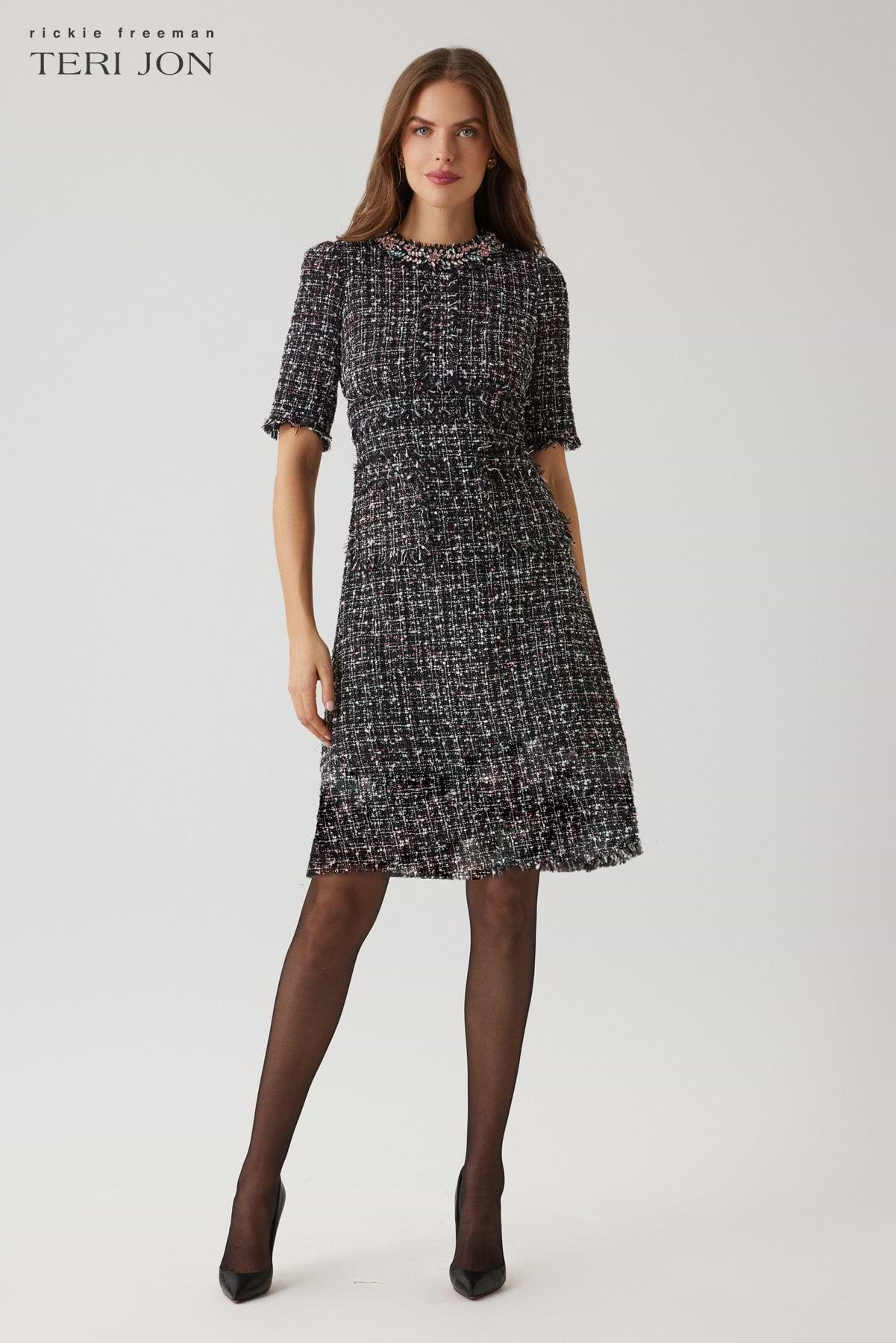 Tweed Jewel Collar Fit And Flare Dress