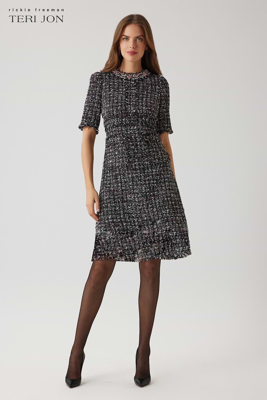 Tweed Jewel Collar Fit And Flare Dress