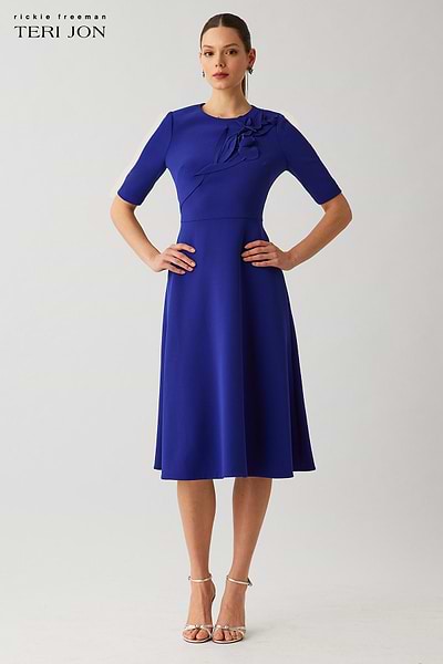 Crepe Short Sleeve Flower Applique Dress – Terijon.com