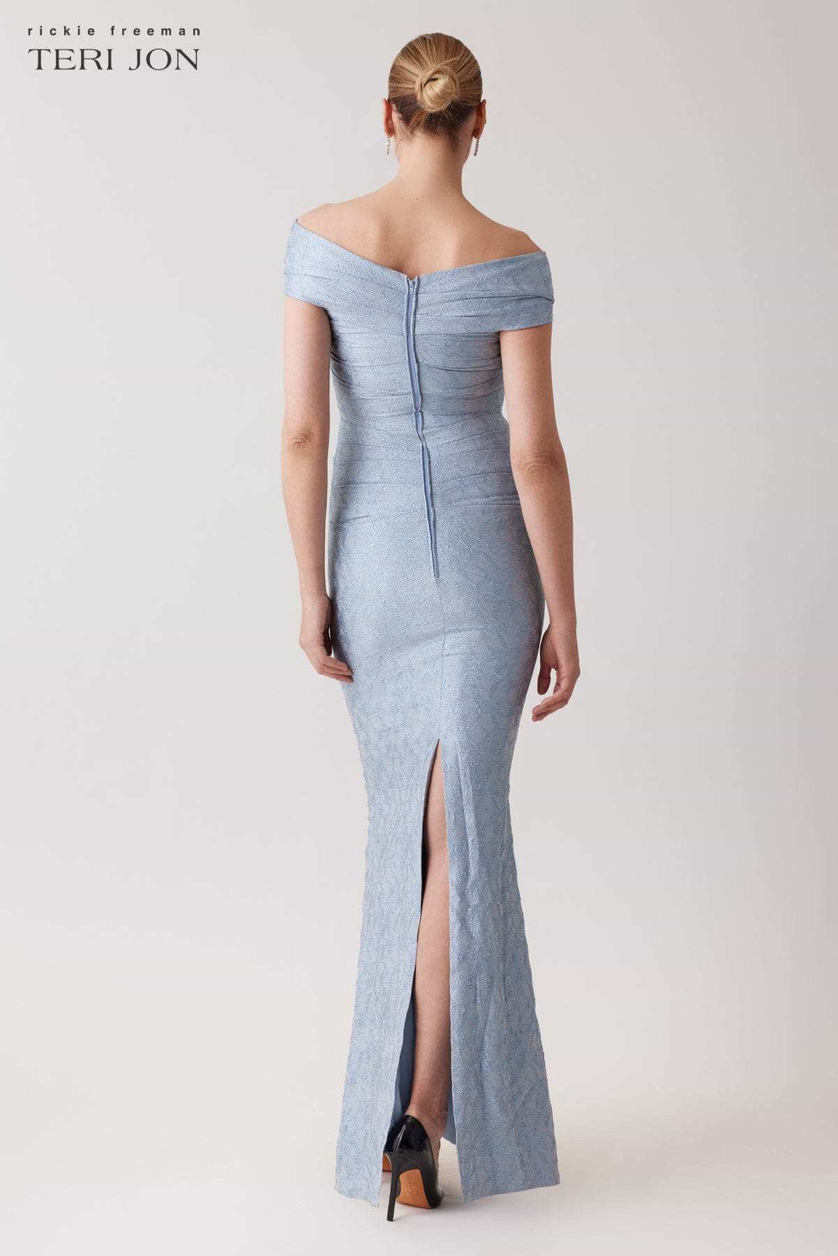 Metallic Jacquard Off The Shoulder Pleated Gown