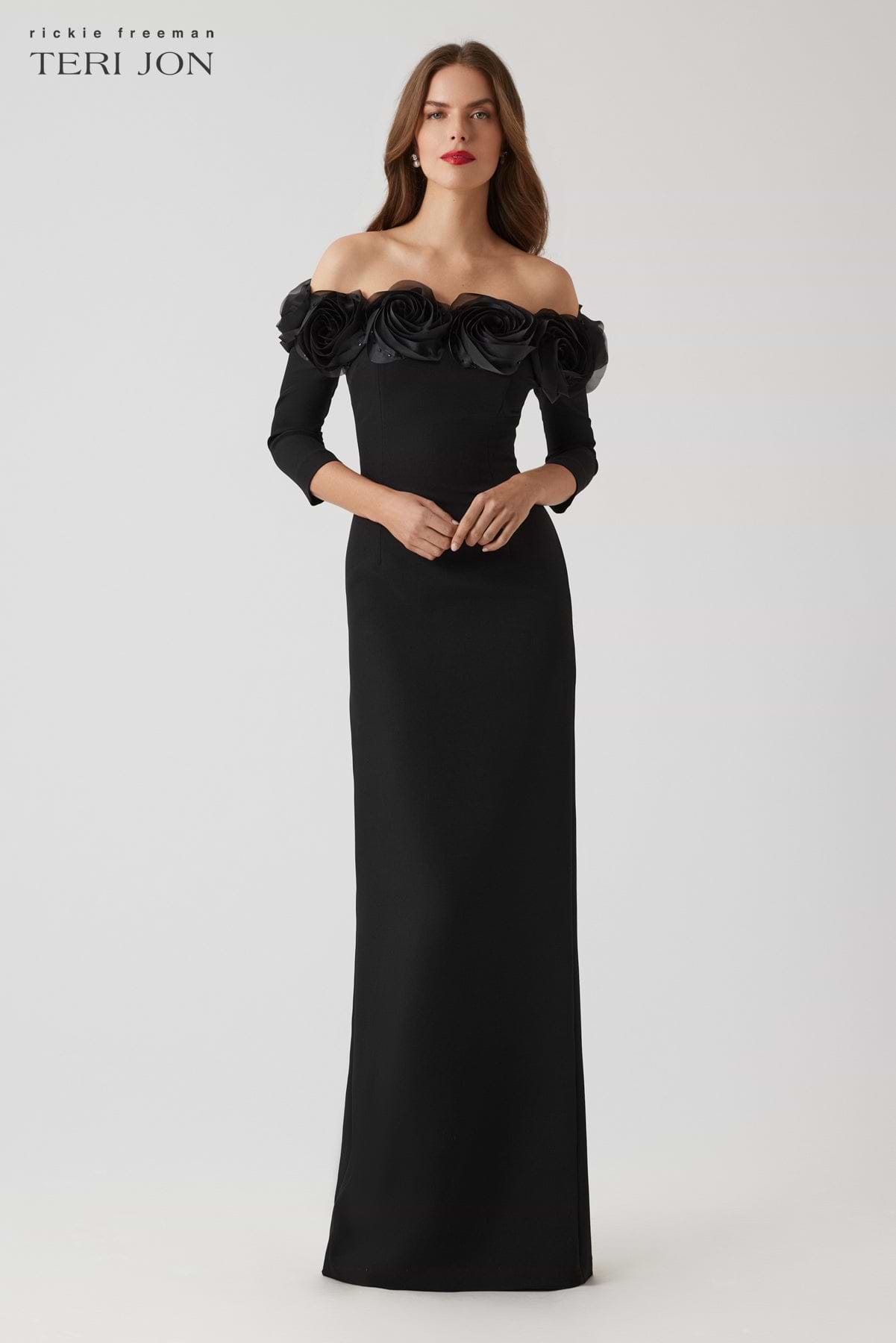 Teri Jon Crepe 3D Flower Off The Shoulder Three Quarter Length Sleeved Gown - Black