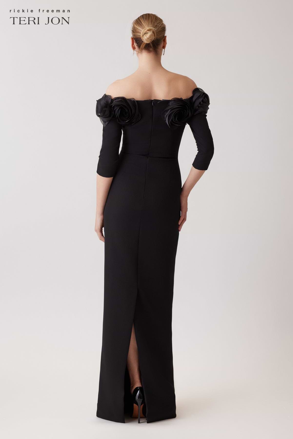 Teri Jon Crepe 3D Flower Off The Shoulder Gown Size 0