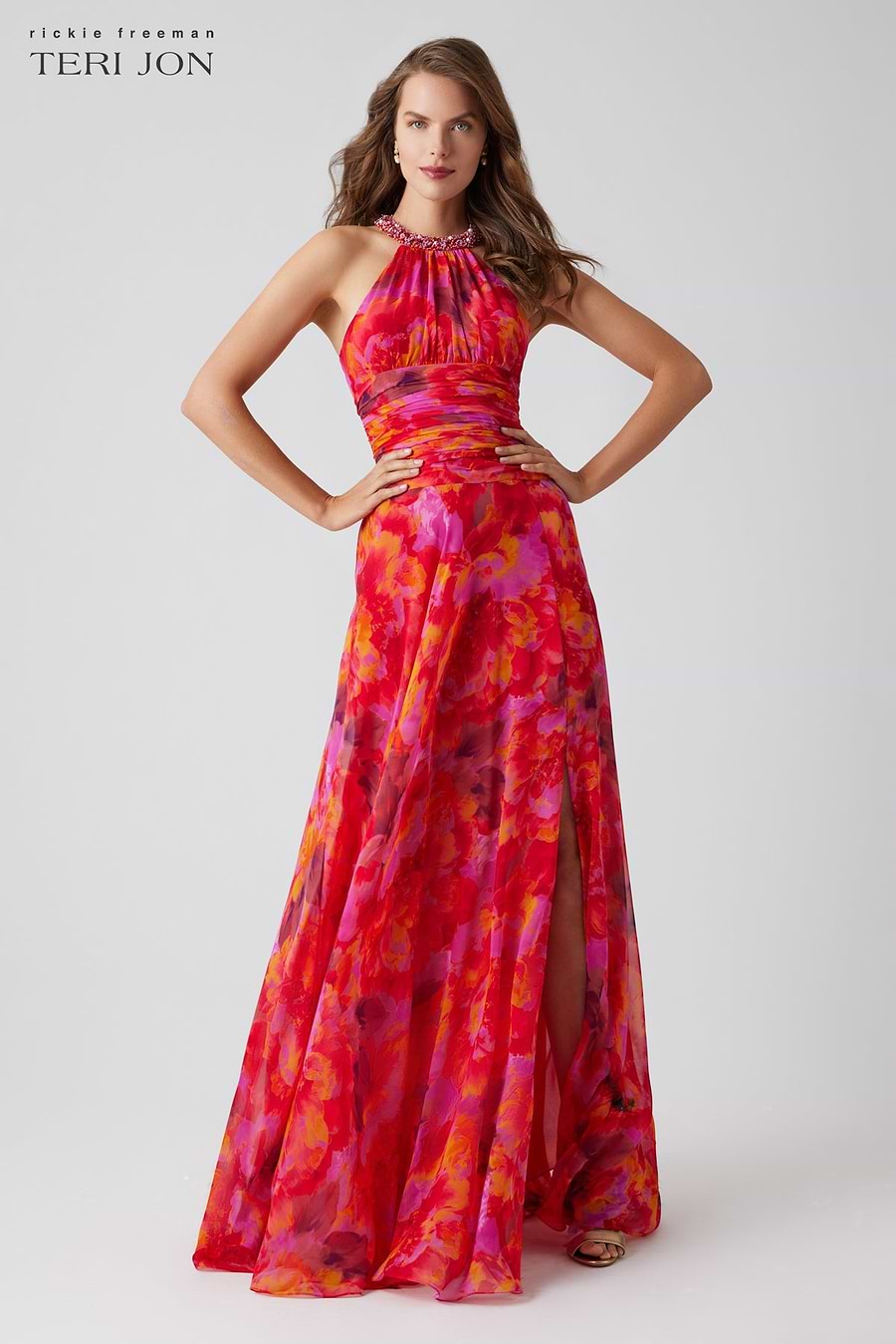 Print Chiffon Beaded Halter Maxi Gown