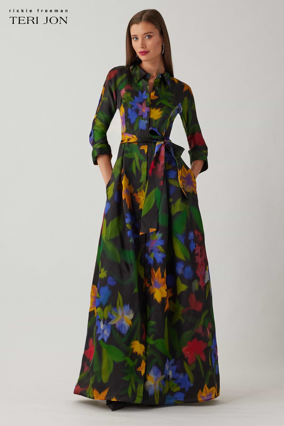 Teri Jon Floral Print Organza Shirt Gown Size 4