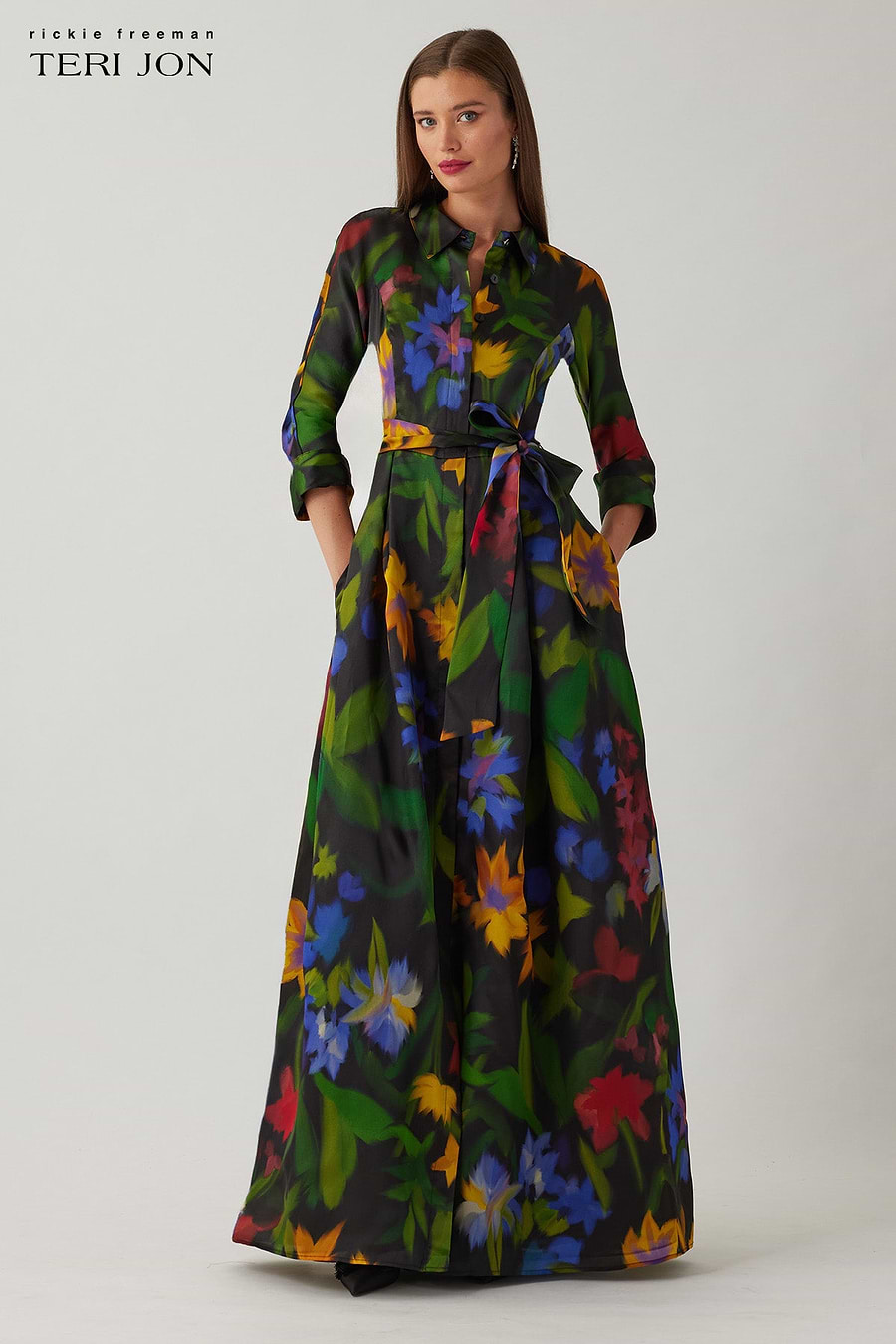 Teri Jon Floral Print Organza Shirt Gown Size 4