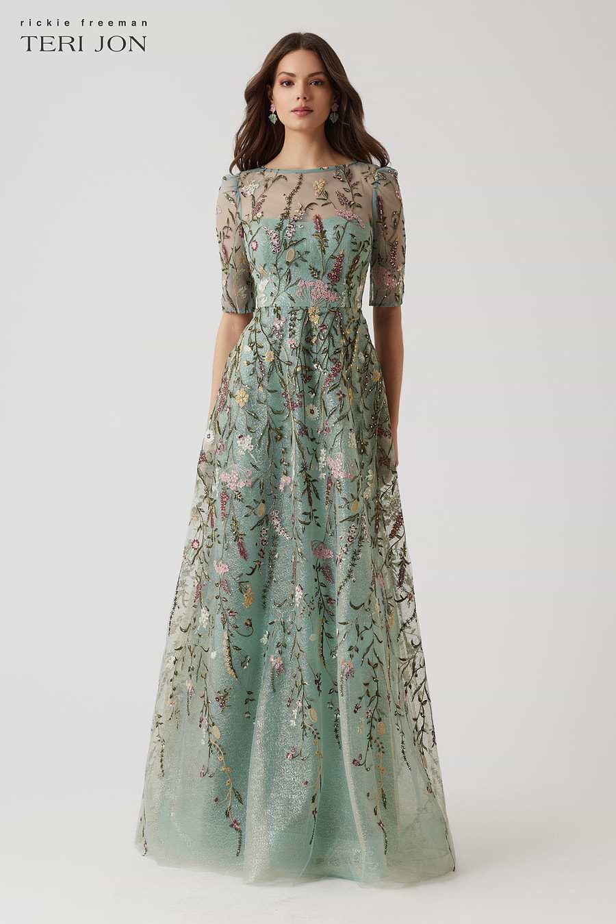 Teri Jon Floral Embroidered Tulle Elbow Sleeve Gown - Sage Multi