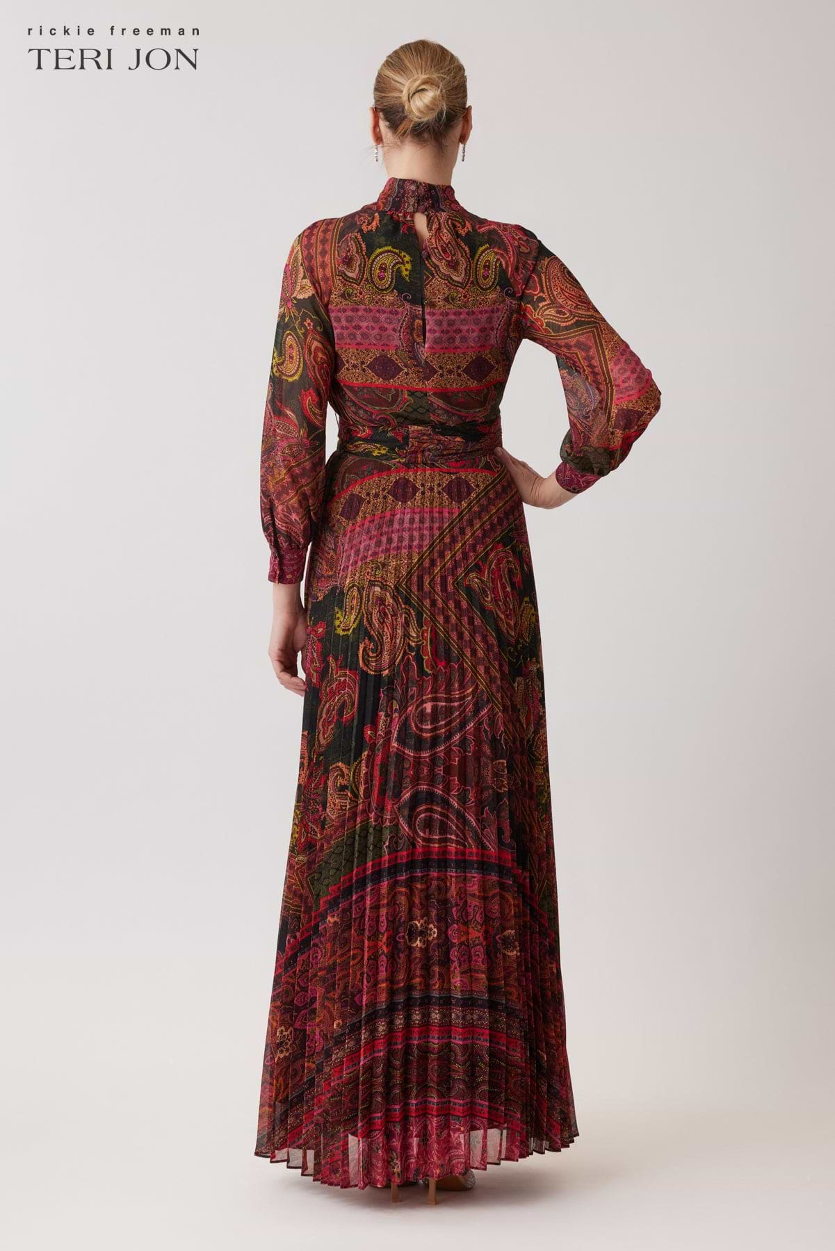 Chiffon Paisley Pleated Skirt Tie Neck Gown