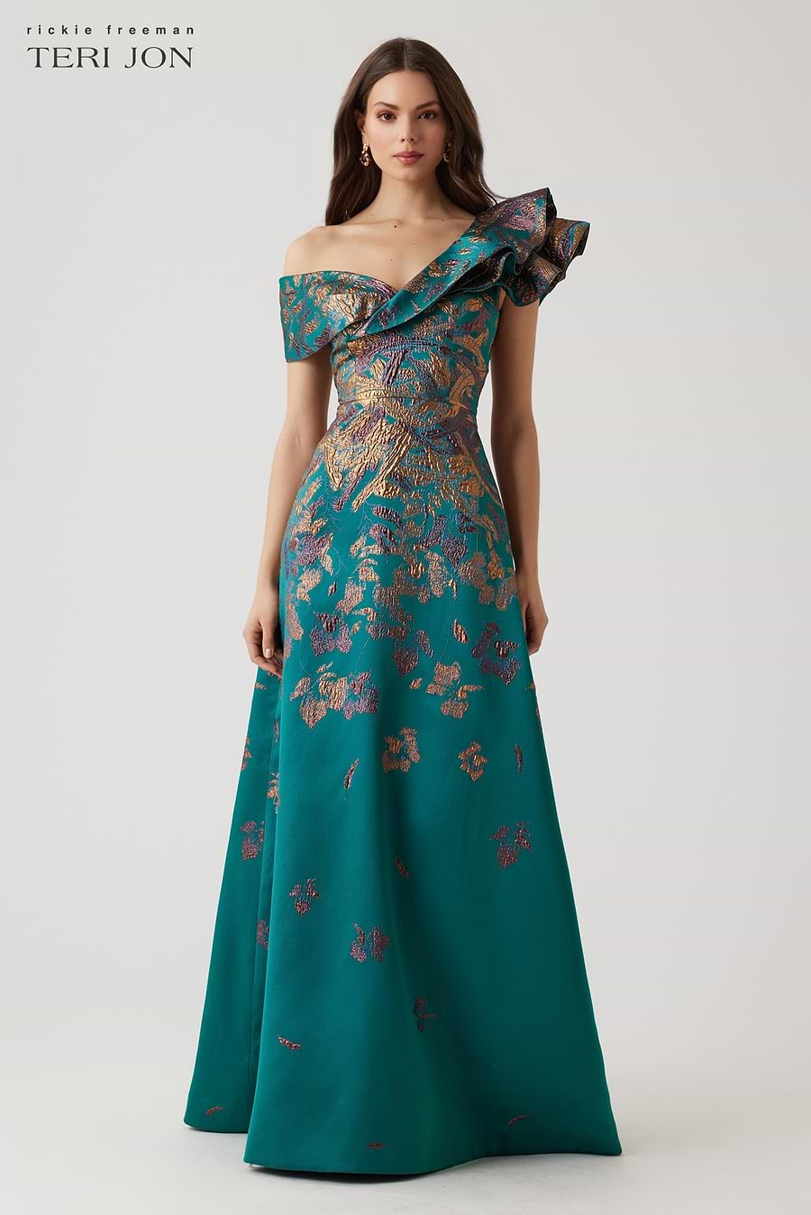 Teri Jon Metallic Jacquard Asymmetrical Ruffle Shoulder Gown Size 2