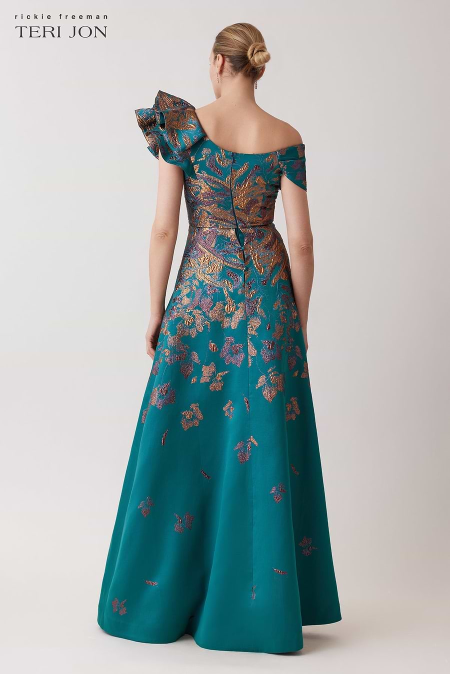 Teri Jon Metallic Jacquard Asymmetrical Ruffle Shoulder Gown Size 2