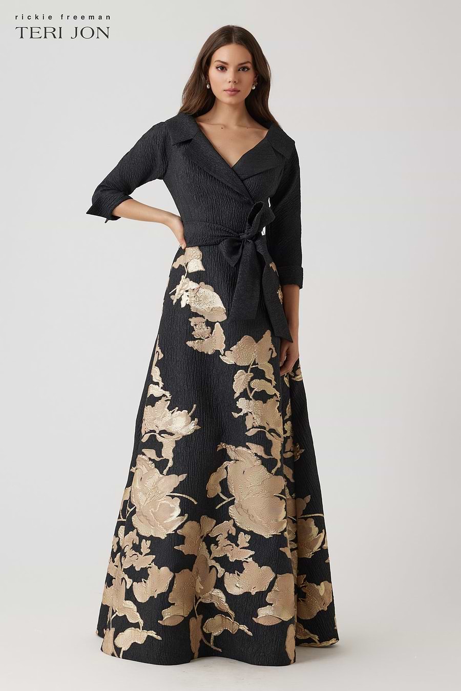 Teri Jon Metallic Jacquard Floral Shirtdress Gown Size 2