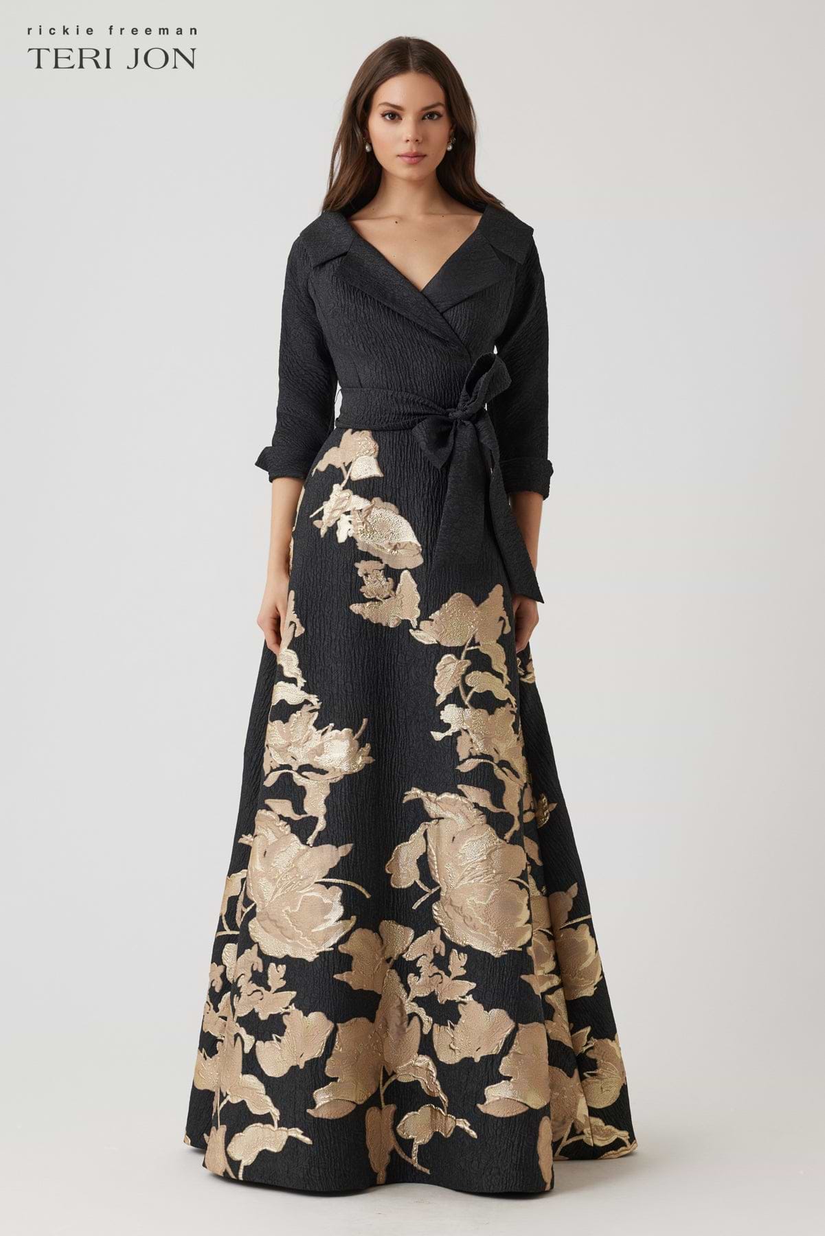 Teri Jon Metallic Jacquard Floral Shirtdress Gown Size 2