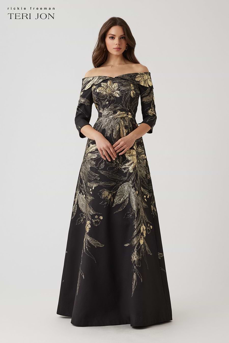 Rickie Freeman For Teri Jon Metallic Jacquard Fold Off-The-Shoulder Gown, Black/Gold, Women's, 2, Off-The-Shoulder Gowns