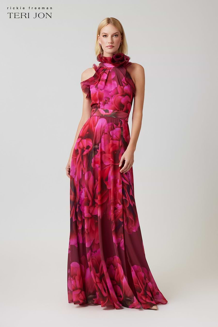 Teri Jon Chiffon Floral Organza Halter Gown Size 16