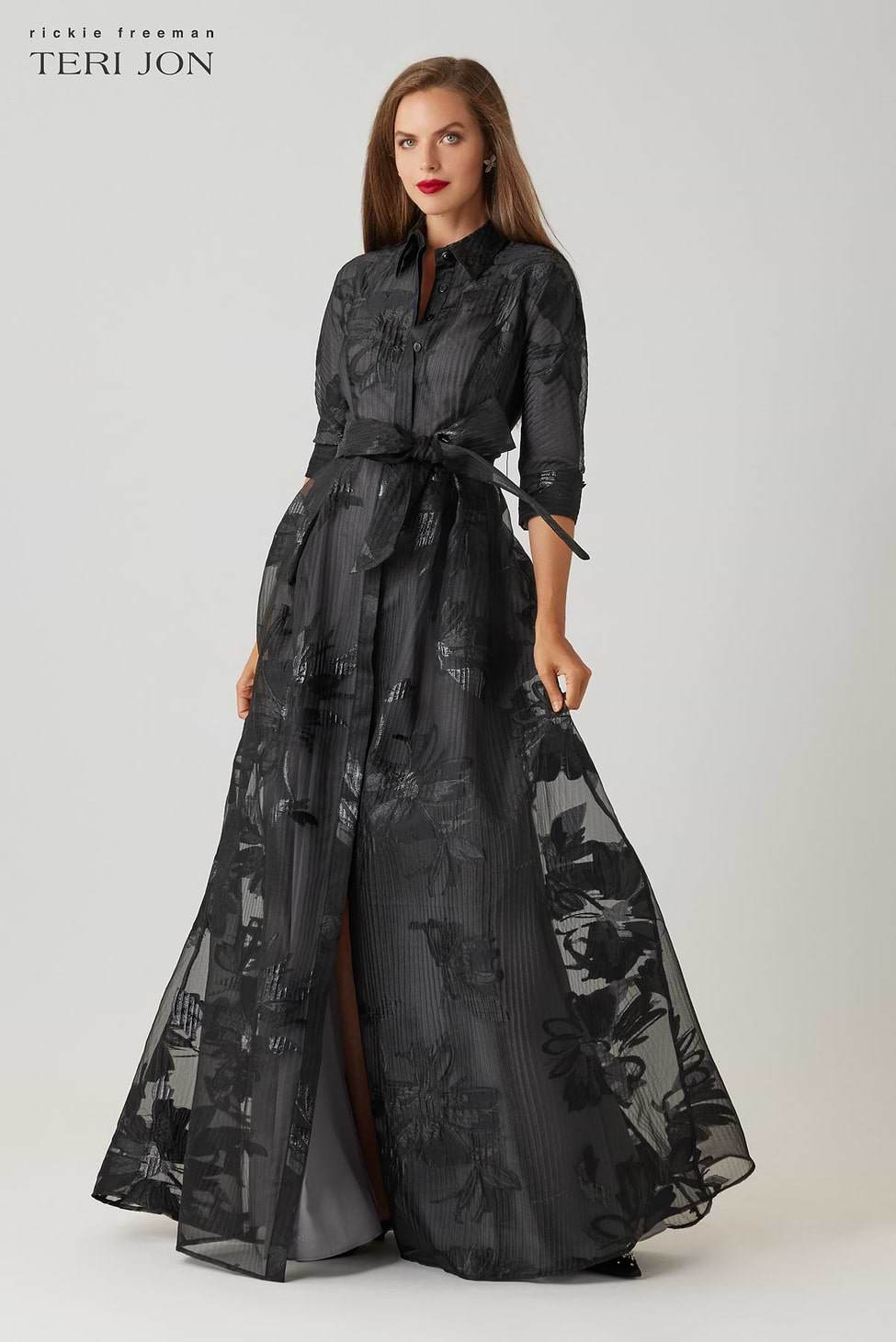 Teri Jon Sheer Organza Floral Shirt Waist Gown Size 6