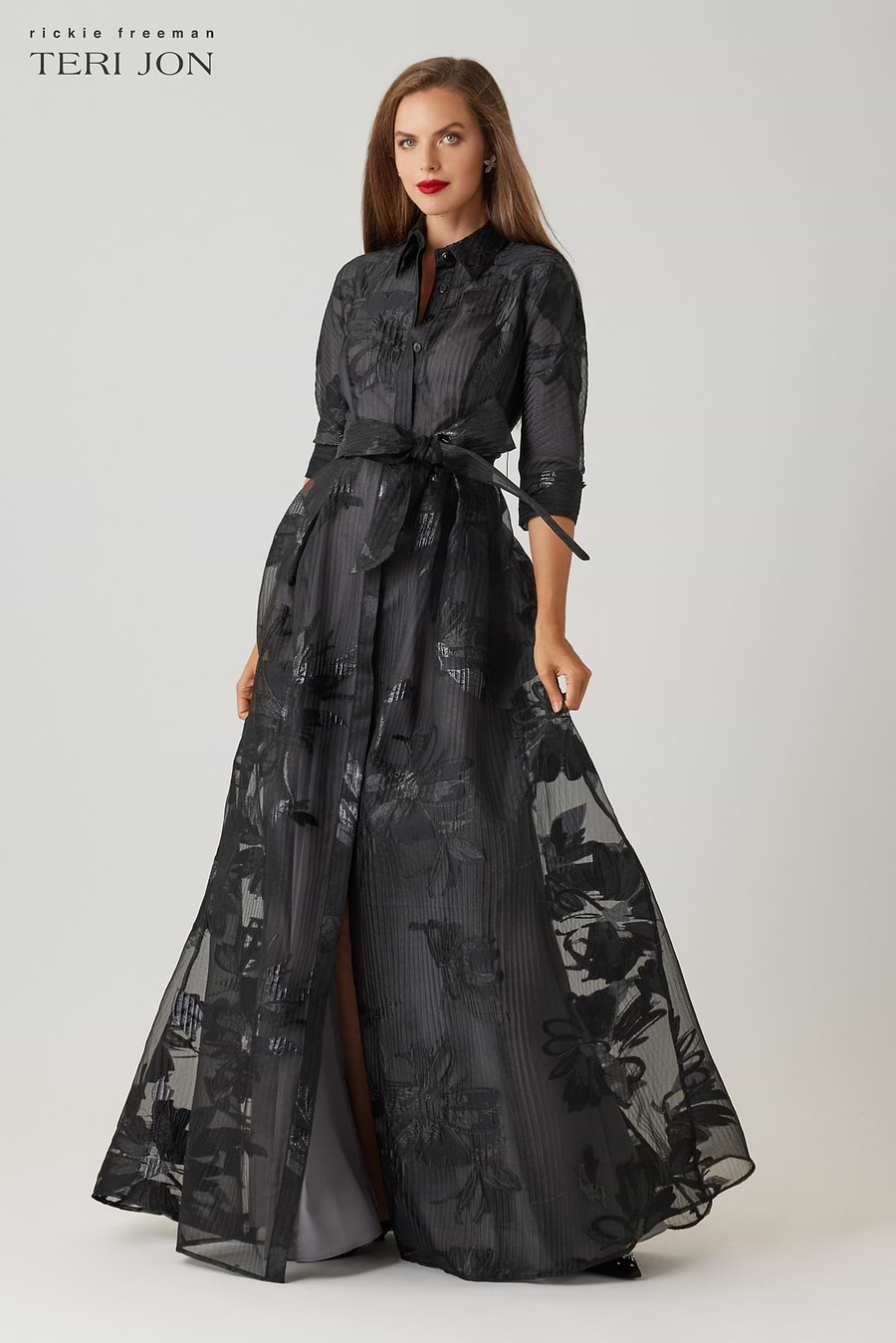 Teri Jon Sheer Organza Floral Shirt Waist Gown Size 6