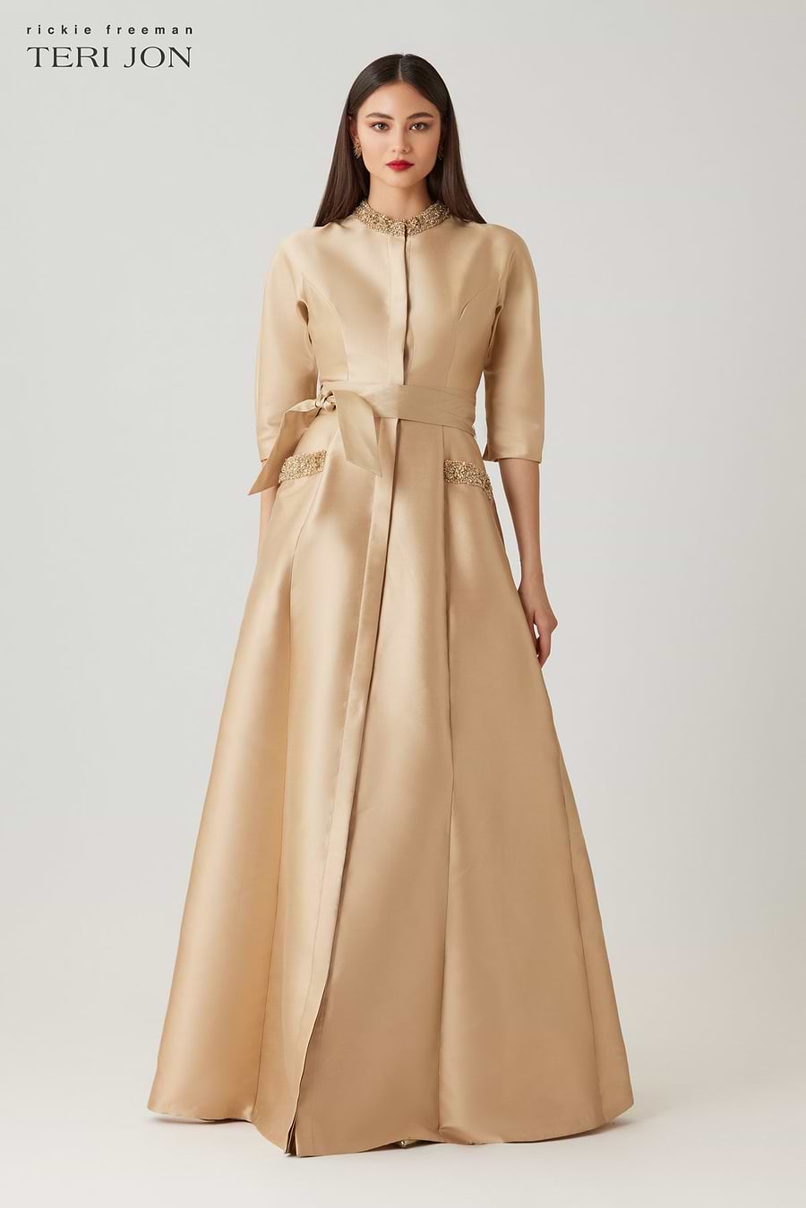 Mikado Bead Collar And Pocket Shirt Waist Gown