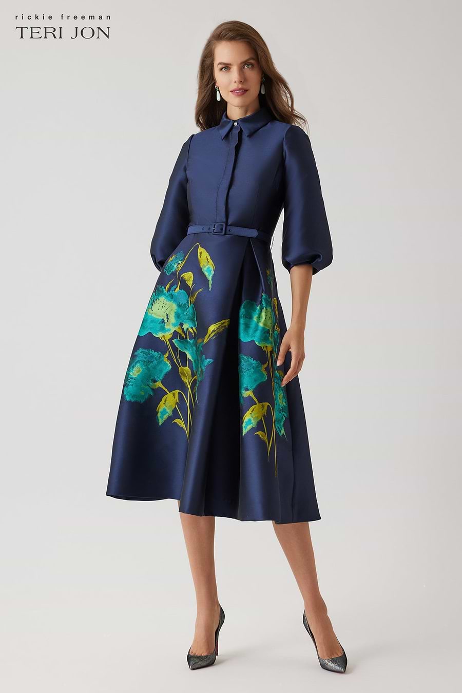 Jacquard Floral Puff Sleeve Belted Shirt Dress