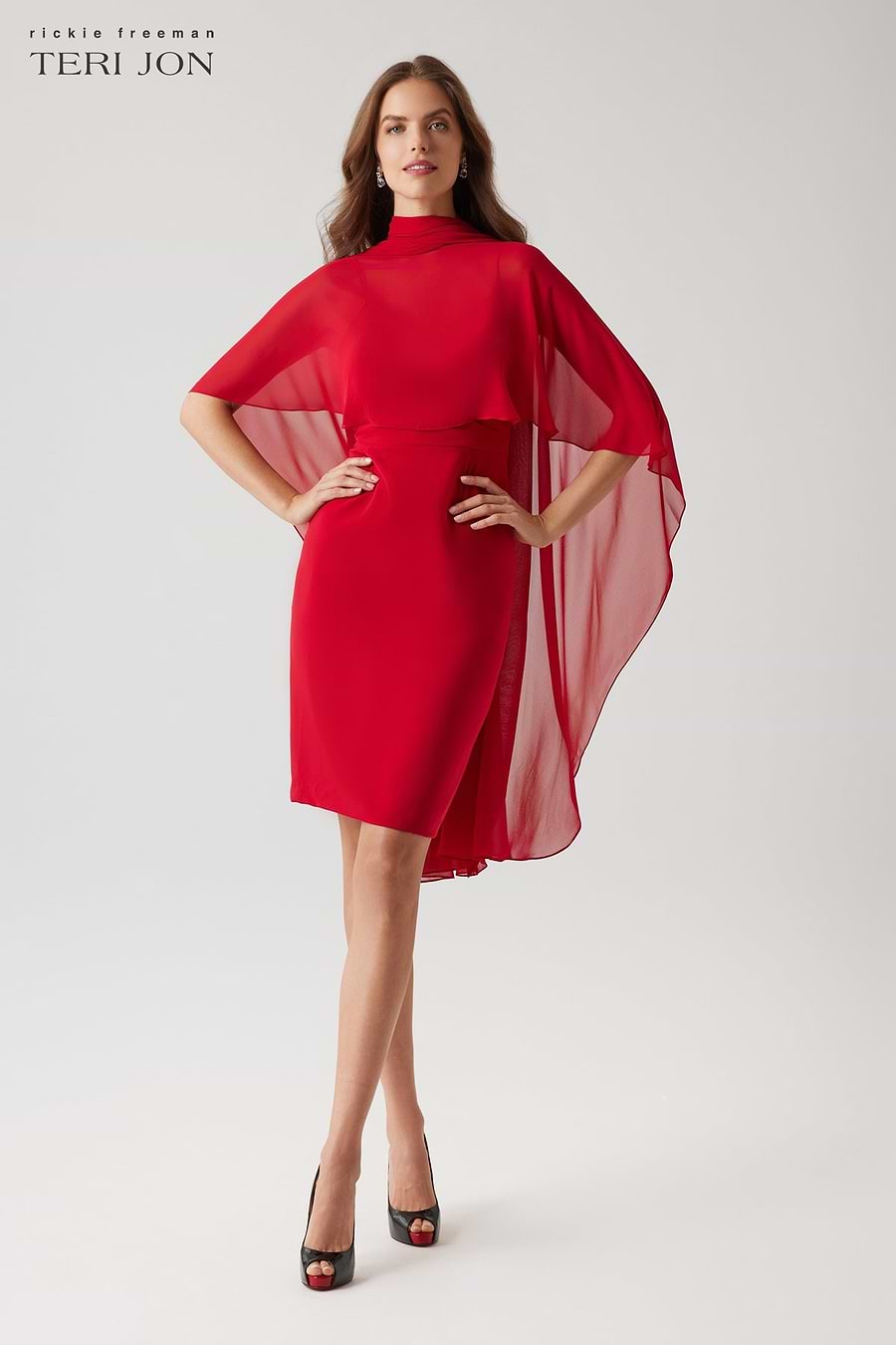 Crepe Slip Dress Chiffon Tie Neck Cape