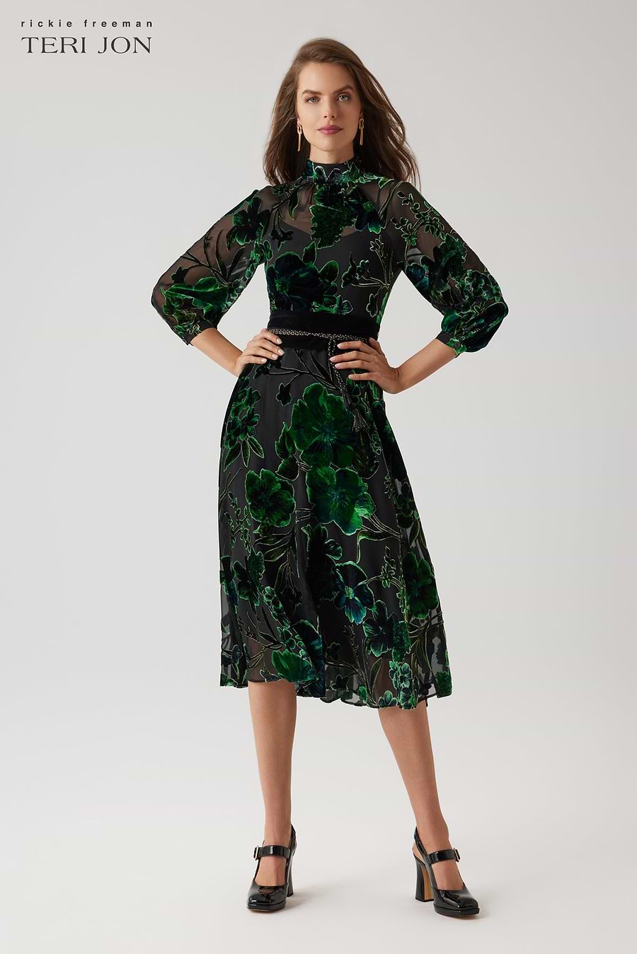 Velvet Burnout Floral Belted Dress