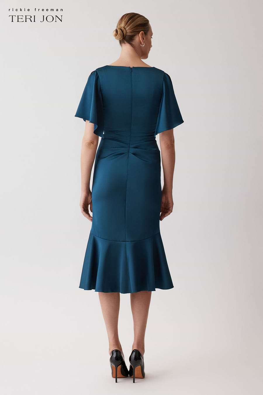 Satin Ruched Flutter Sleeve Dress