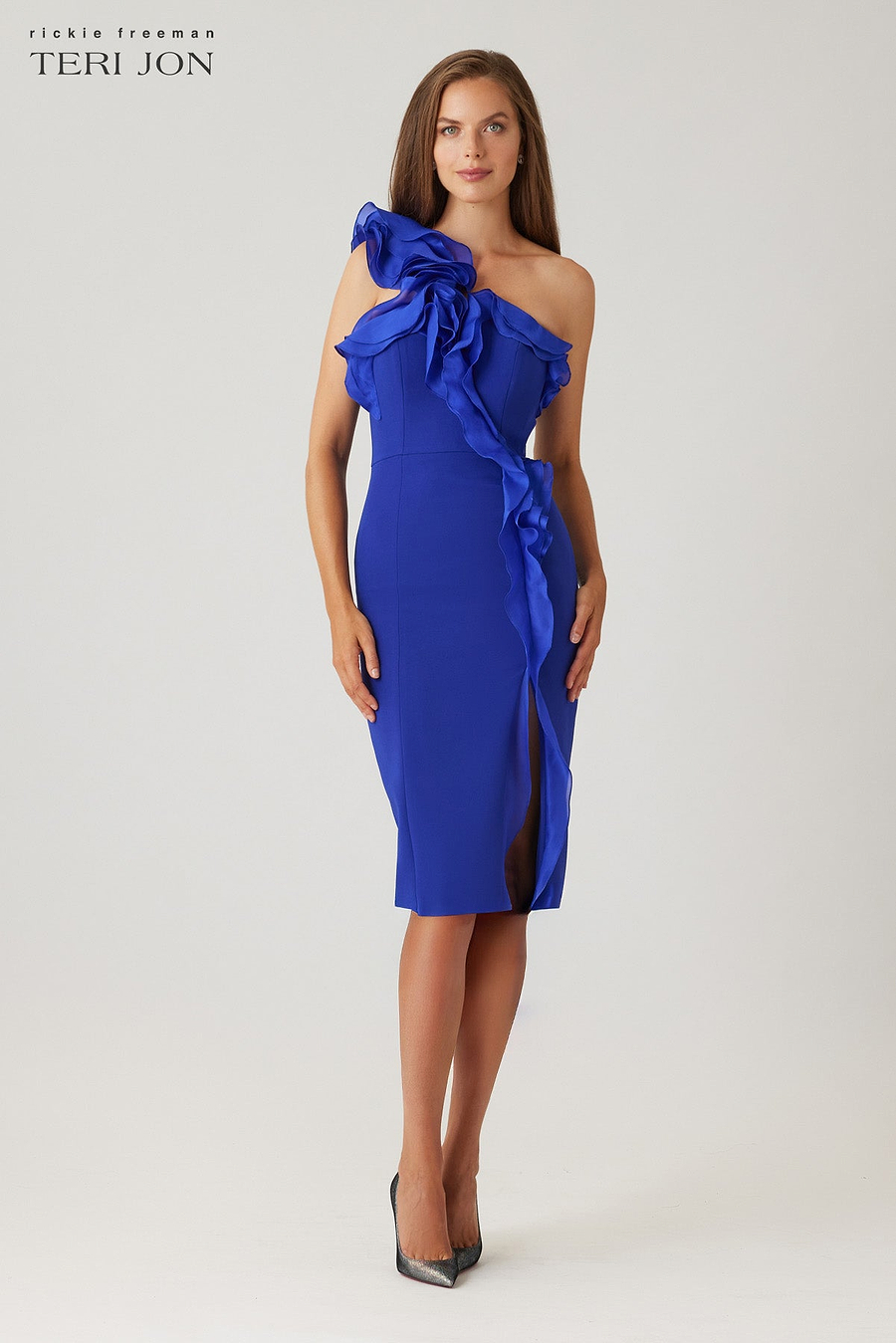 Crepe One Shoulder Organza Trim Dress