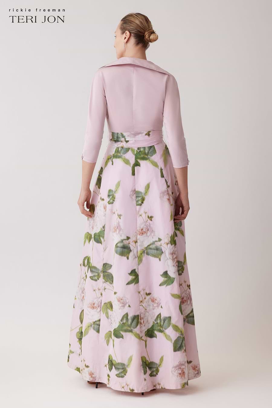 Teri Jon Taffeta Floral Print Shirt Dress Gown - Blush Multi