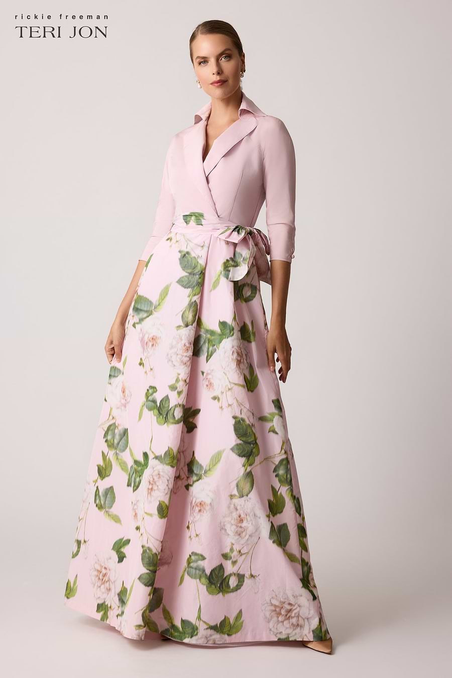 Teri Jon Taffeta Floral Print Shirt Dress Gown - Blush Multi