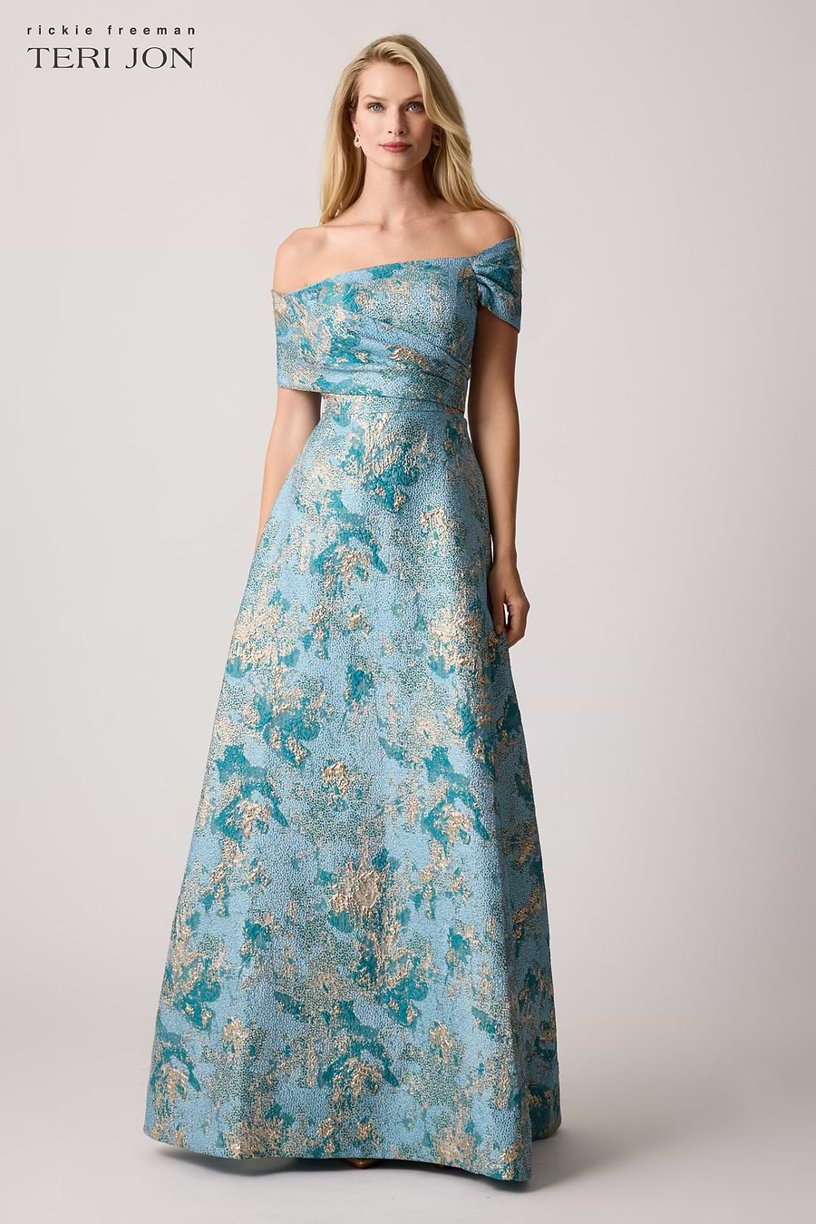 Metallic Jacquard Asymmetrical Off Shoulder Gown