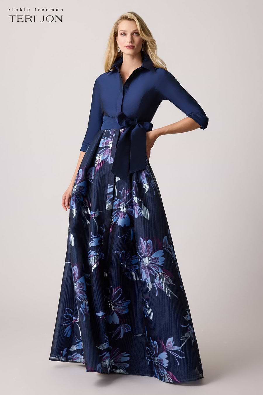 Teri Jon Taffeta Textured Floral Organza Gown Size 2