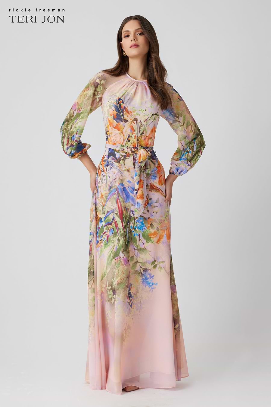 Floral Chiffon Maxi Gown with Long Sleeves