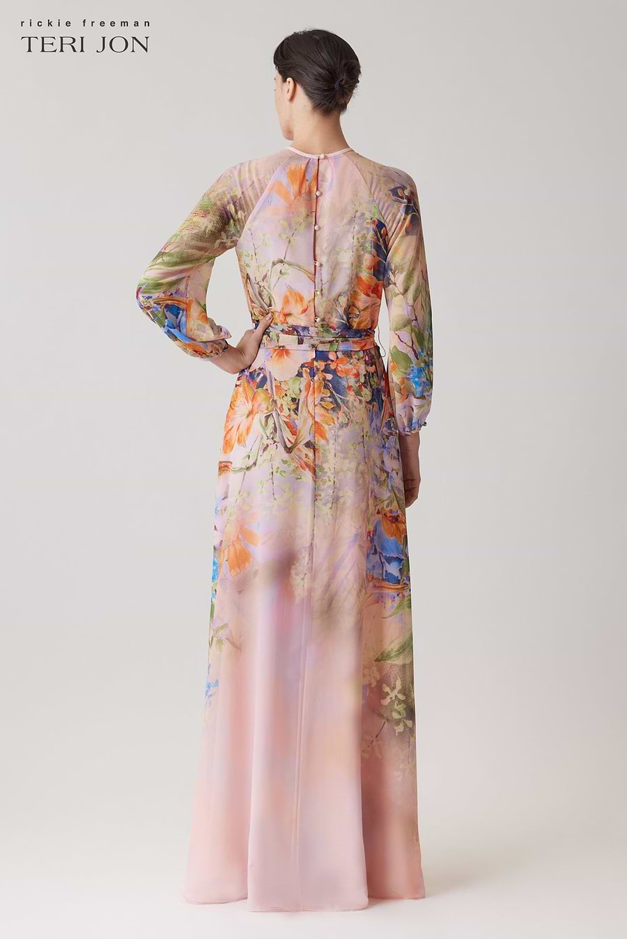 Floral Chiffon Maxi Gown with Long Sleeves –