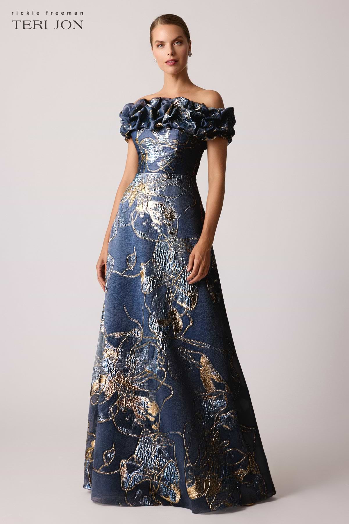 Jacquard Scrunch Neckline Off Shoulder Gown