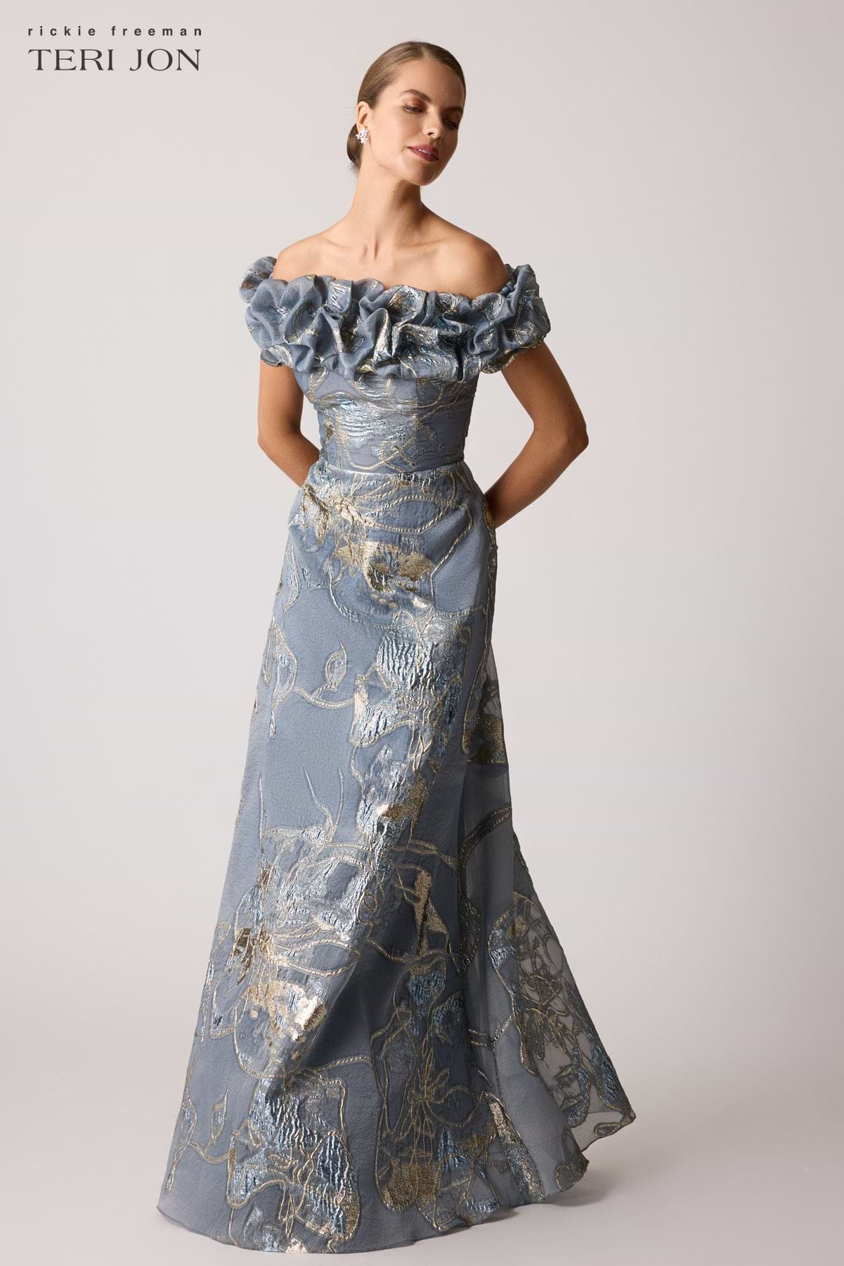Teri Jon Jacquard Scrunch Neckline Off Shoulder Gown Size 16
