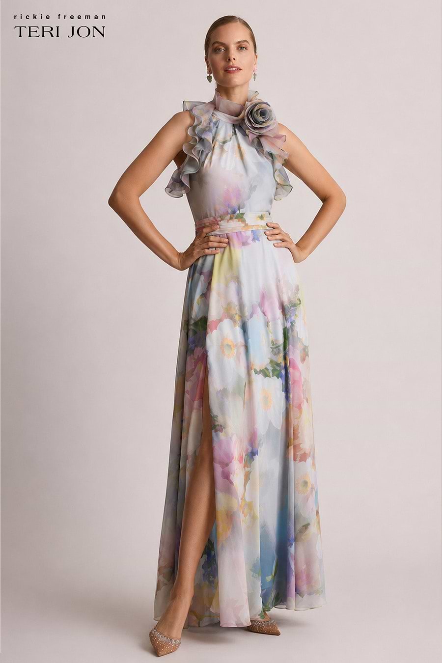 Teri Jon Chiffon Watercolor Organza Halter Gown Size 0