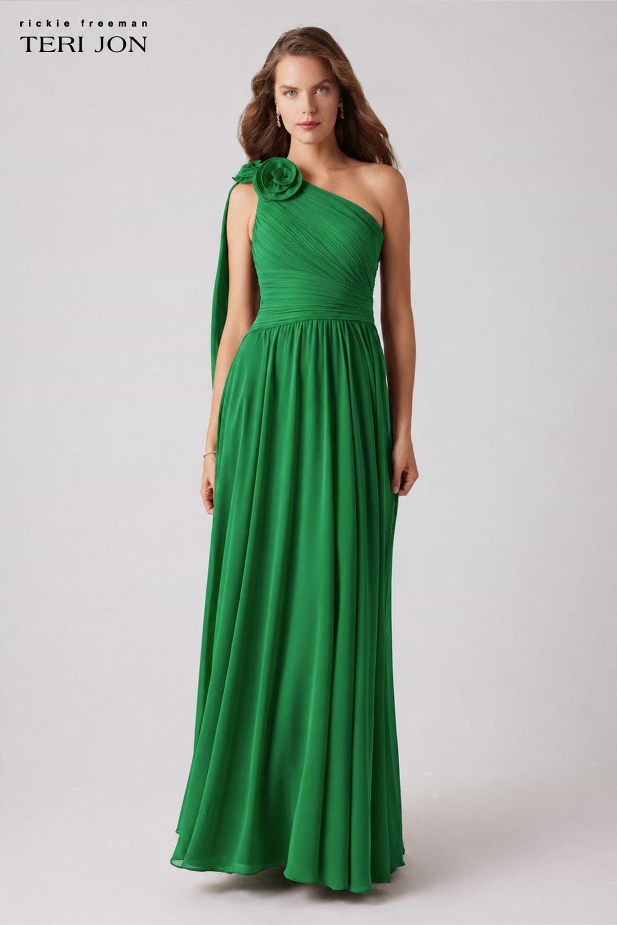 Teri Jon Pleated Chiffon Gown with Floral Shoulder Size 8